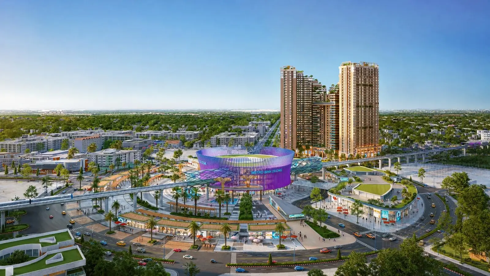 Phối cảnh Nam Mekong Grand Plaza: hai tháp 30 tầng bên vòng xoay WTC và nhà ga metro trung tâm, Thành phố mới Bình Dương