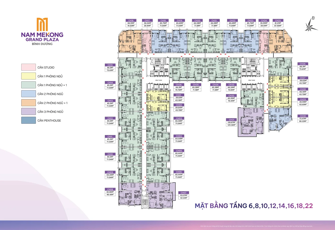 Mặt bằng tầng điển hình tháp G1 (Tháp A) Nam Mekong Grand Plaza, tầng 6 đến 22 số chẵn: căn studio đến 3 phòng ngủ