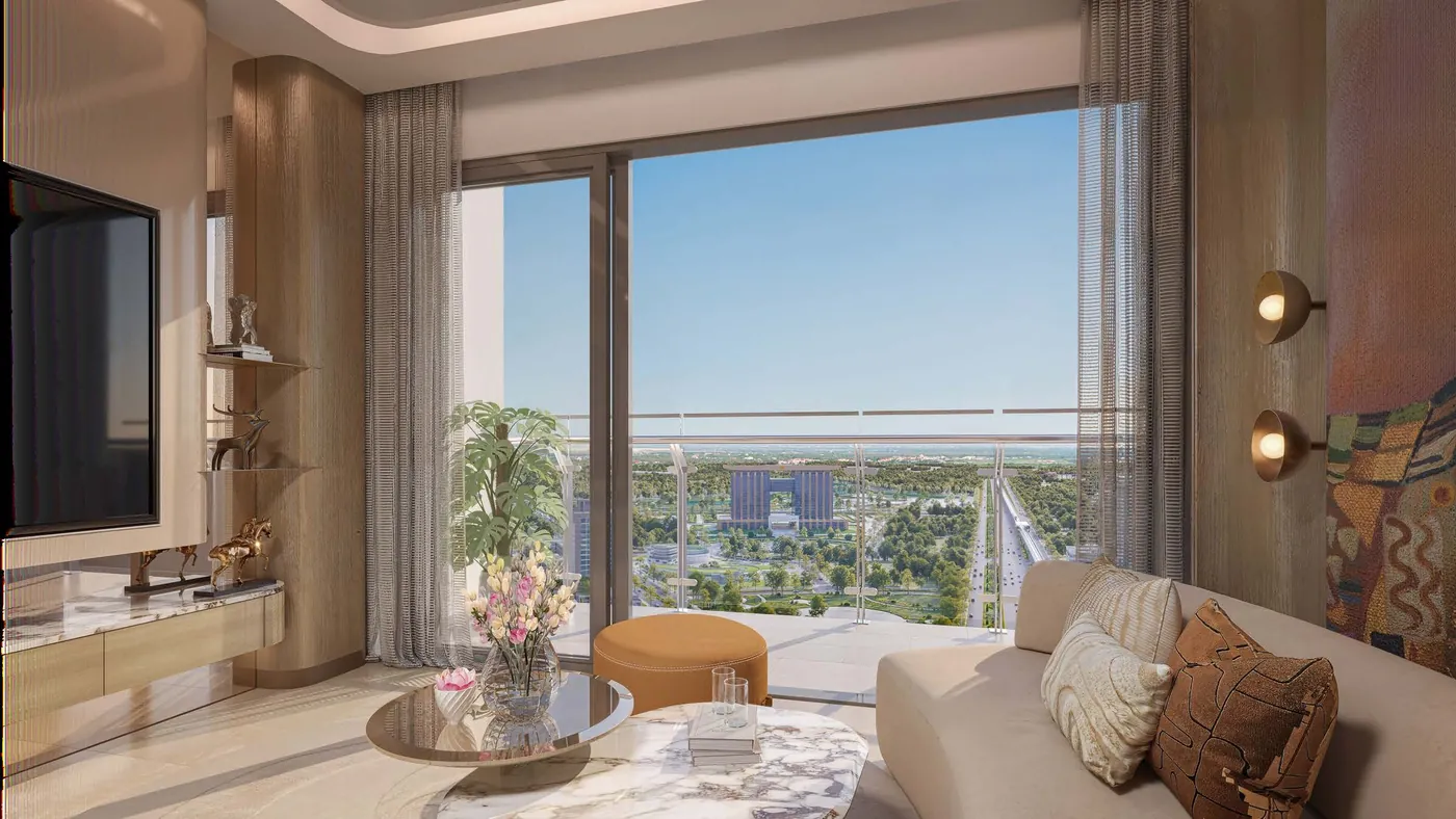 Phòng khách căn hộ Nam Mekong Grand Plaza với cửa kính Low-E hai lớp mở ra ban công nhìn thành phố