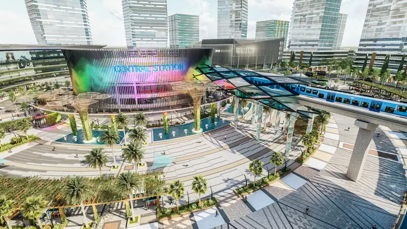 Quảng trường và nhà ga Central Station tại vòng xoay WTC Gateway với tuyến metro trên cao chạy qua
