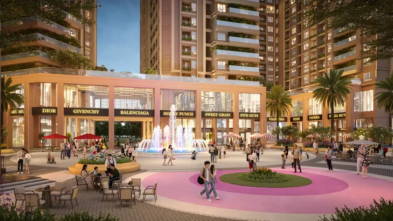 Quảng trường nội khu Nam Mekong Grand Plaza với đài phun nước và dãy shophouse thương mại ở khối đế