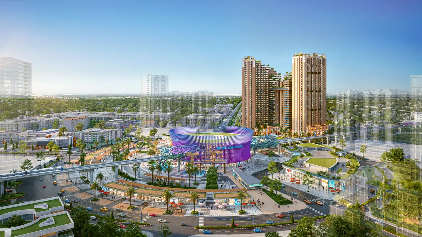Toàn cảnh Nam Mekong Grand Plaza giữa quần thể TOD vòng xoay WTC với nhà ga trung tâm và tuyến metro trên cao