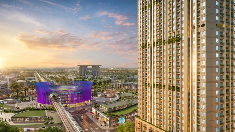 Từ Nam Mekong Grand Plaza nhìn về Trung tâm hành chính Bình Dương, vòng xoay WTC và tuyến metro trên cao