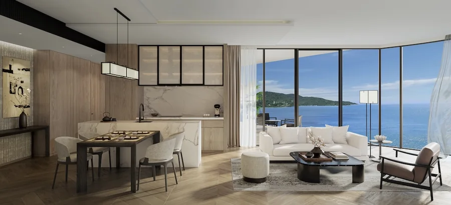 Bếp mở và phòng khách trần cao khoảng 3 m của căn hộ Nobu Residences Danang nhìn ra biển