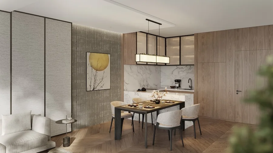 Bếp và phòng ăn căn hộ Nobu Residences Danang theo phong cách Japandi