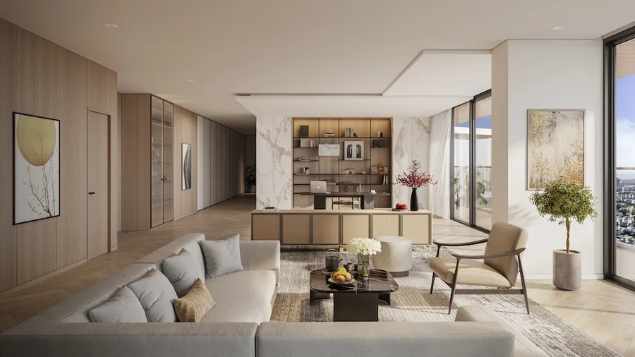Phòng khách căn hộ Nobu Residences Danang nội thất gỗ sáng và tủ trưng bày