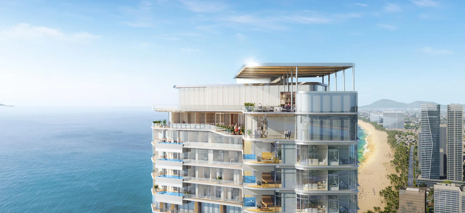 Phối cảnh Nobu Residences Danang: đỉnh tháp 43 tầng nhìn ra biển Mỹ Khê và bờ cát Đà Nẵng