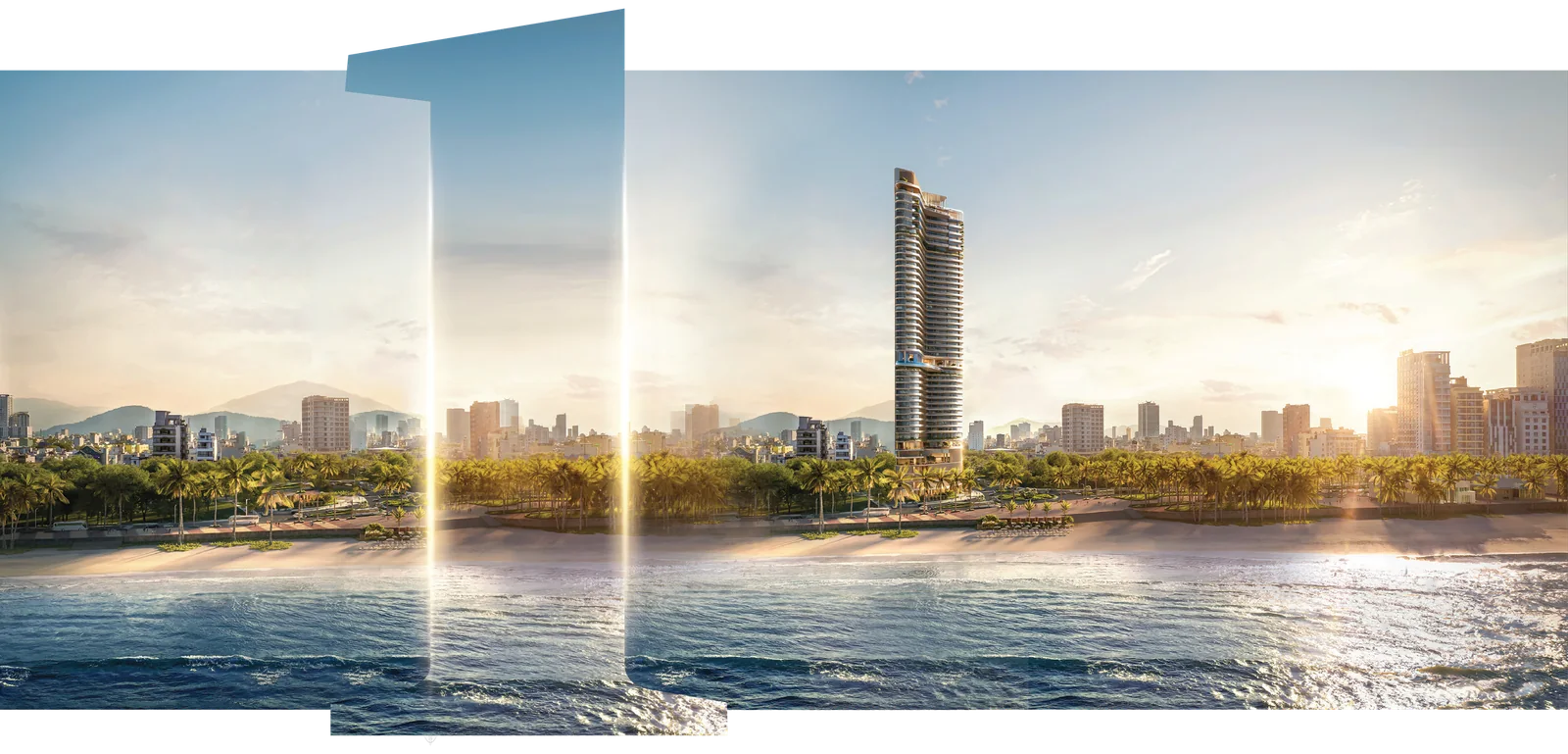 Toàn cảnh tòa tháp Nobu Danang nhìn từ biển Mỹ Khê với biểu tượng số 1 – dự án Nobu Residences đầu tiên Đông Nam Á