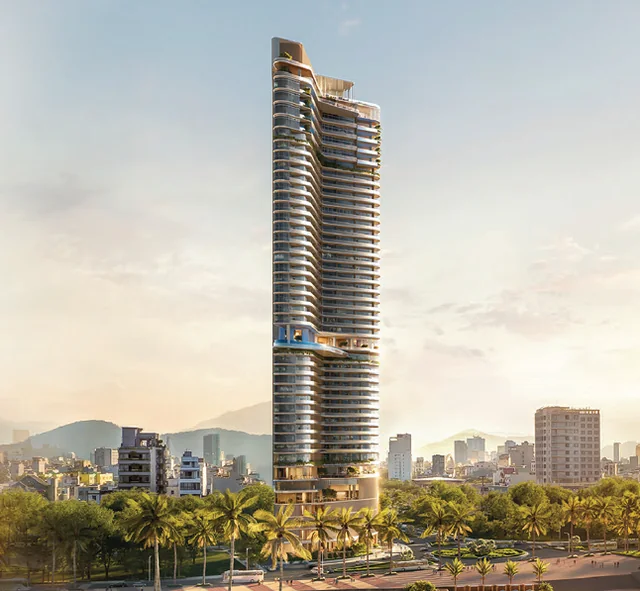 Tháp Nobu Danang trên mặt tiền biển Mỹ Khê nhìn từ ngoài khơi lúc bình minh