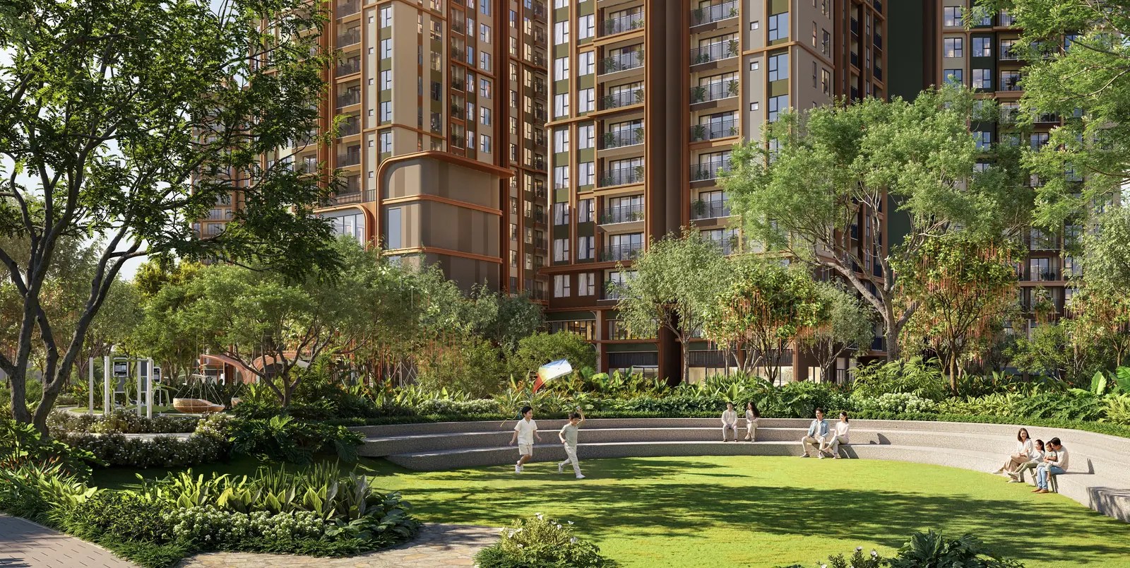 Phối cảnh Norton Park – cụm tháp căn hộ giữa công viên xanh, thảm cỏ và đường dạo bộ nội khu