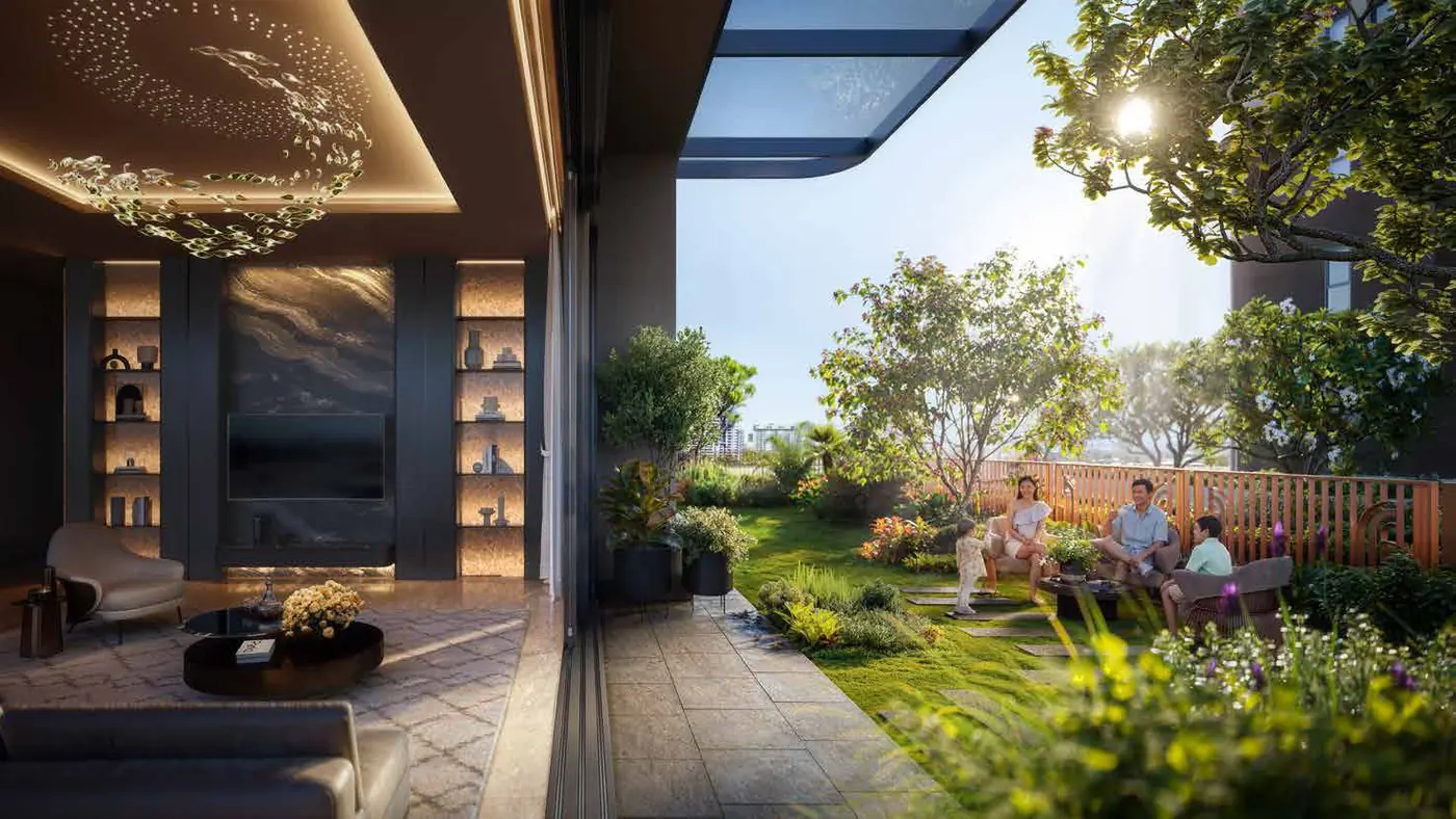 Phối cảnh phòng khách căn duplex Norton Park mở ra sân vườn riêng
