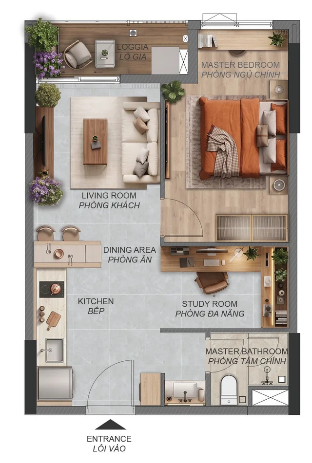 Layout căn hộ 1 phòng ngủ + A1.1a Norton Park – 50,65 m² sàn, có phòng đa năng