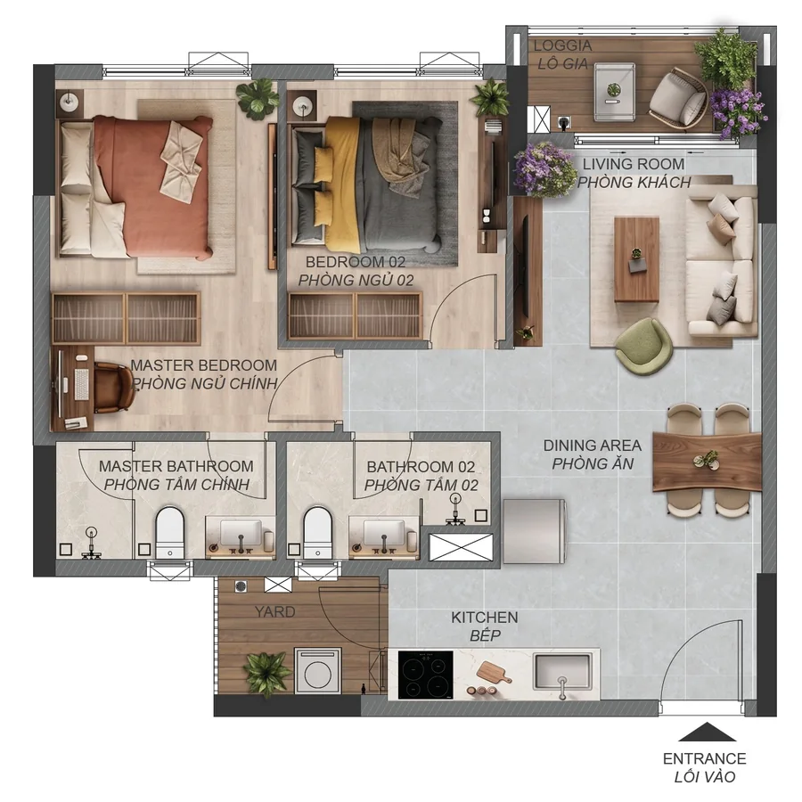 Layout căn hộ 2 phòng ngủ B1.3a Norton Park – 72,46 m² sàn, 66,80 m² sử dụng