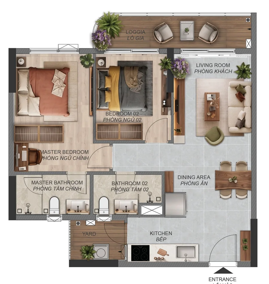 Layout căn hộ 2 phòng ngủ B1.4a Norton Park – 79,24 m² sàn, tòa B2