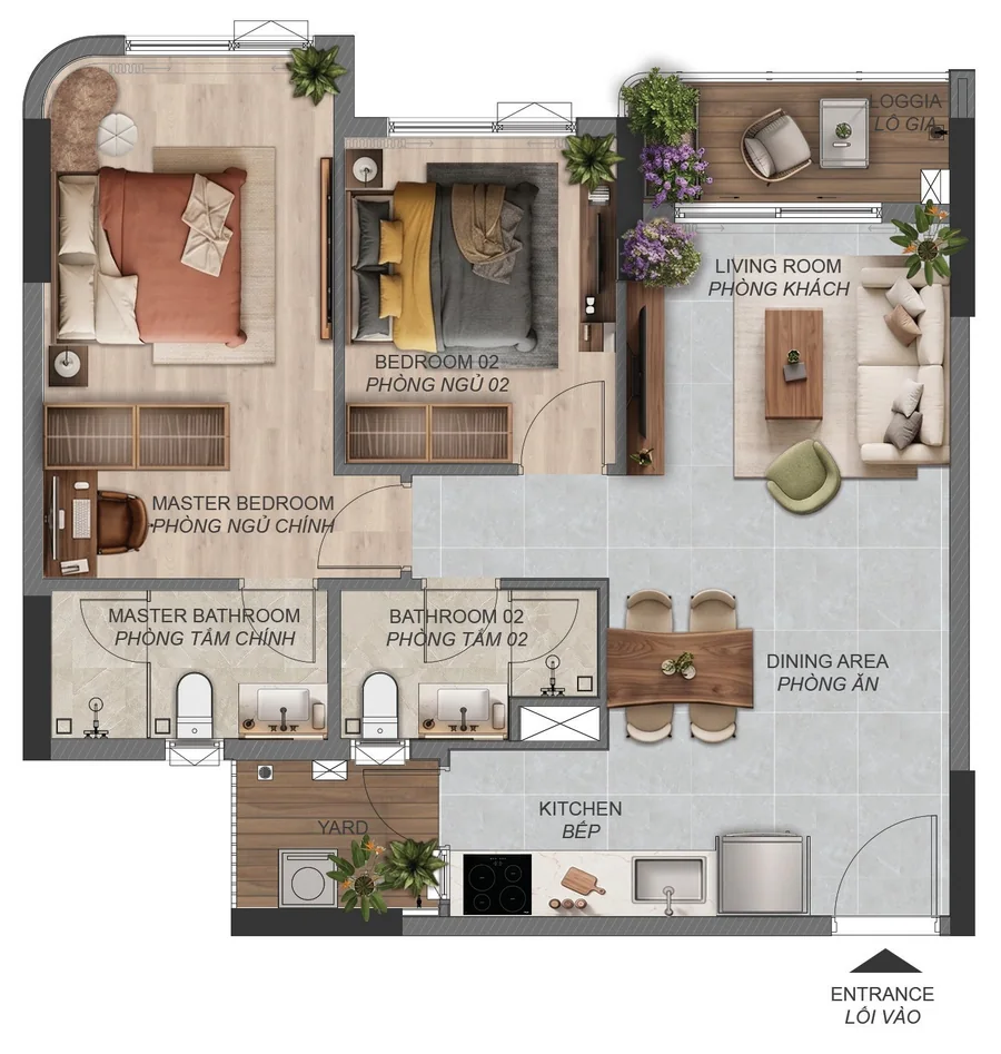 Layout căn hộ 2 phòng ngủ B3.1a Norton Park – 76,85 m² sàn, 70,93 m² sử dụng