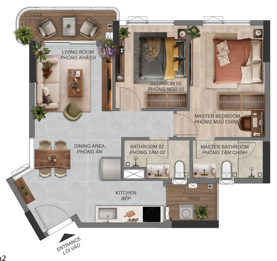 Layout căn hộ 2 phòng ngủ B4.1a Norton Park – 76,49 m² sàn, 69,96 m² sử dụng