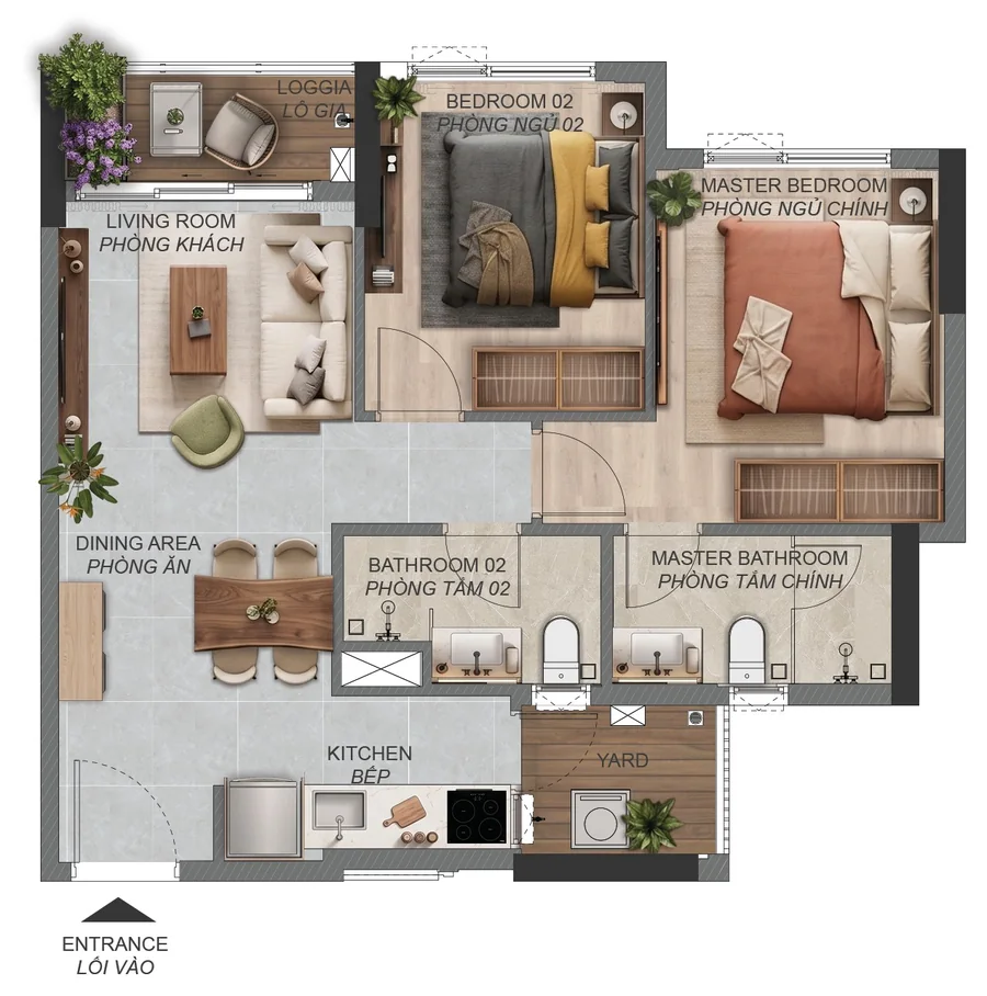 Layout căn hộ 2 phòng ngủ B5.1a Norton Park – 66,38 m² sàn, tòa B2