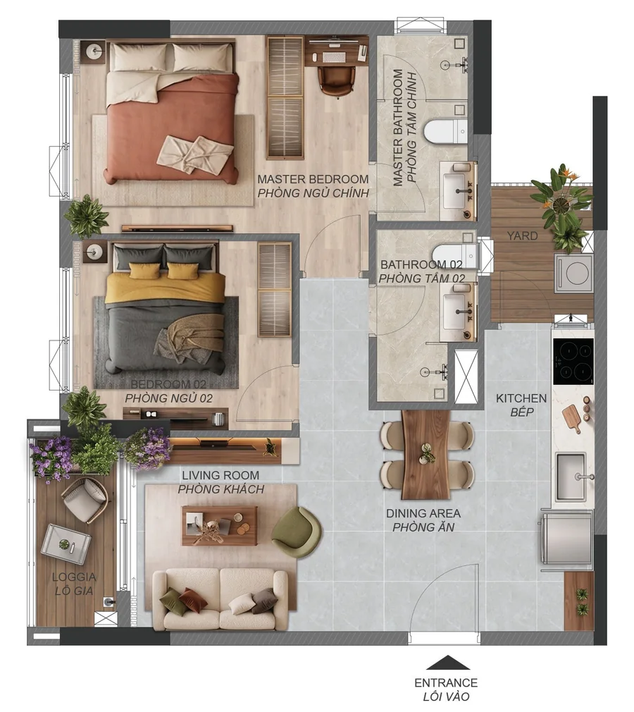 Layout căn hộ 2 phòng ngủ B6.1a Norton Park – 71,94 m² sàn, tòa B2