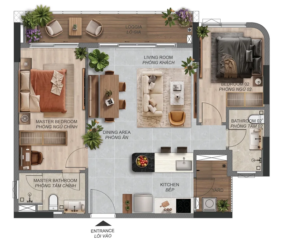 Layout căn hộ 2 phòng ngủ + B2.2a Norton Park – 87,20 m² sàn, view phố thương mại