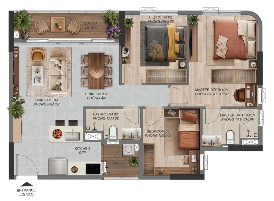 Layout căn hộ 3 phòng ngủ C1.1a Norton Park – 95,36 m² sàn, tòa B1 và B3