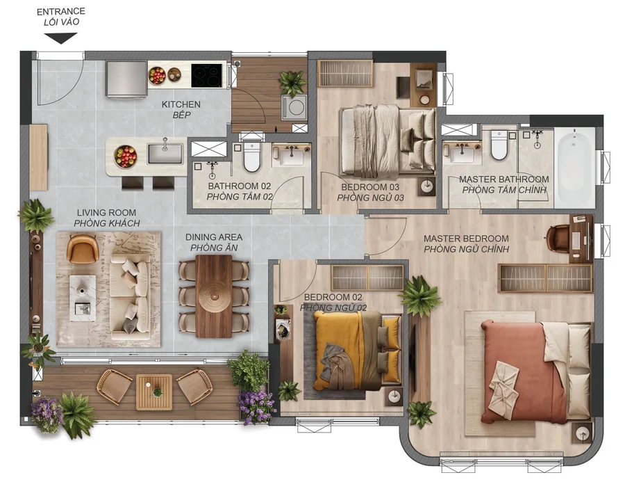 Layout căn hộ 3 phòng ngủ C2.1a Norton Park – 106,82 m² sàn, view sân golf, công viên Park 1