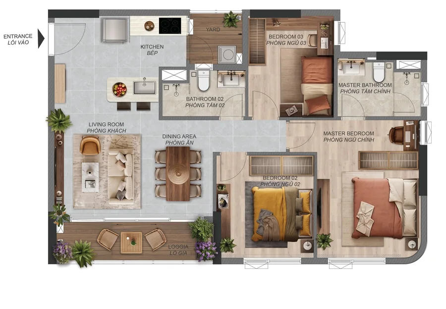 Layout căn hộ 3 phòng ngủ C3.1a Norton Park – 95,63 m² sàn, tòa B2