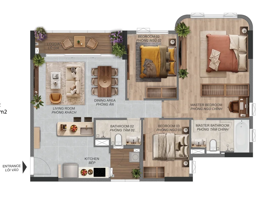 Layout căn hộ 3 phòng ngủ C4.1a Norton Park – 113,65 m² sàn, tòa B3
