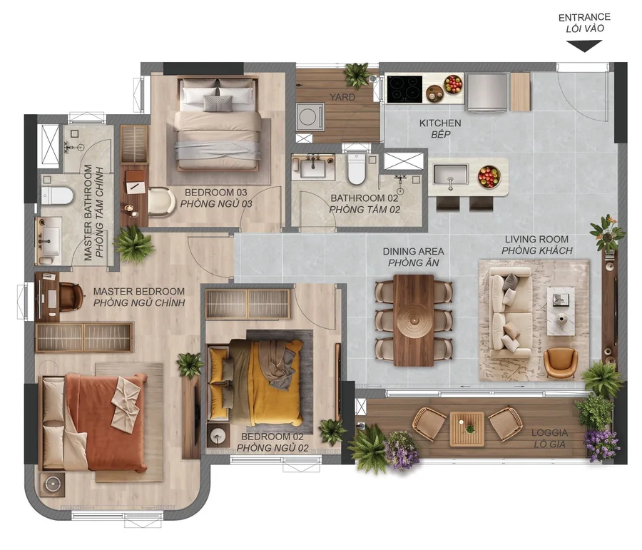 Layout căn hộ 3 phòng ngủ C5.1a Norton Park – 100,54 m² sàn, tòa B3