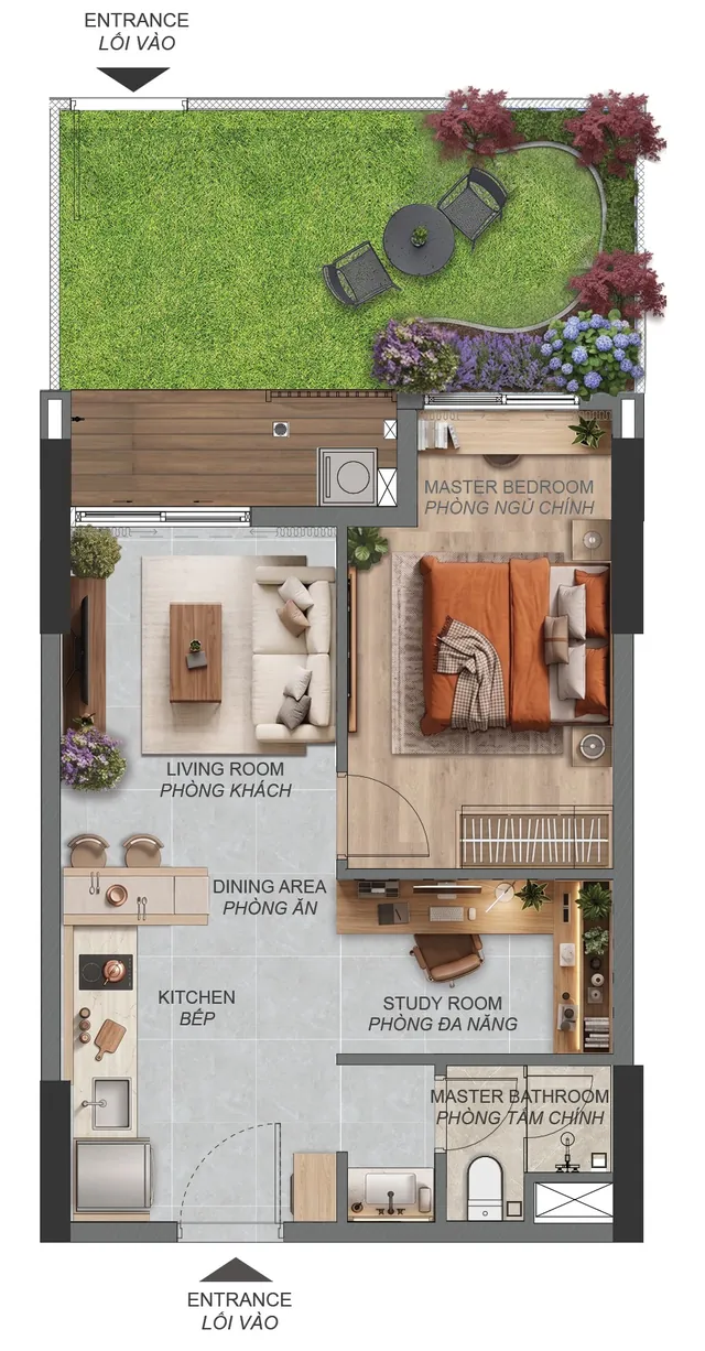 Layout căn hộ sân vườn 1 phòng ngủ A1.1c.PES Norton Park – sân vườn riêng 18,20 m²
