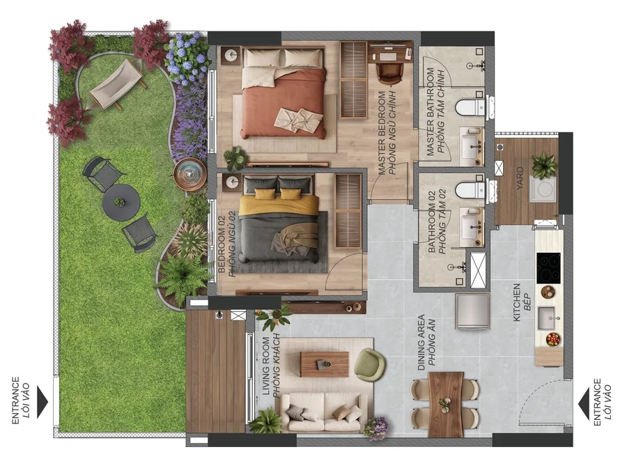Layout căn hộ sân vườn 2 phòng ngủ B1.3c.PES Norton Park – sân vườn riêng 31,40 m²