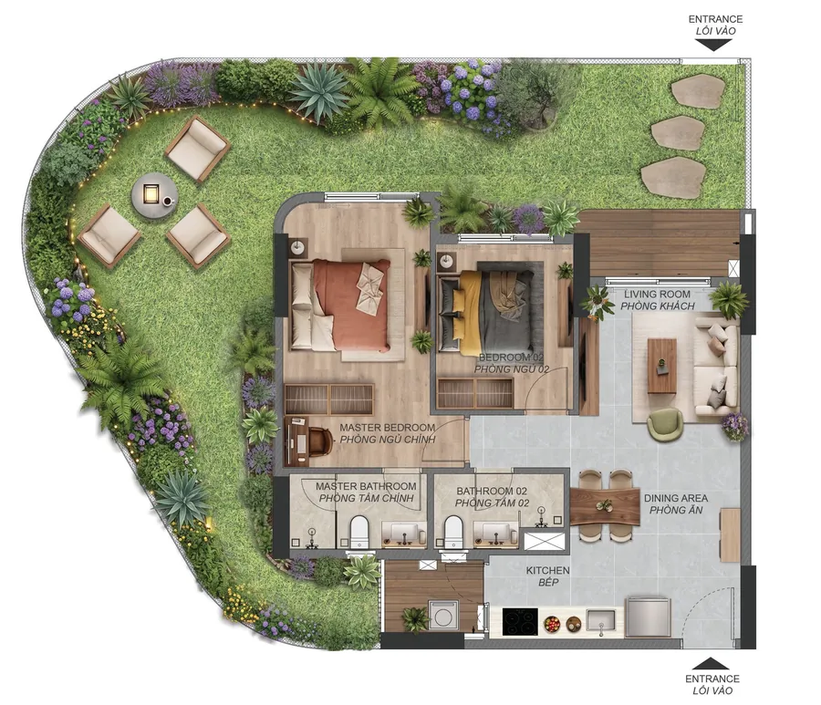 Layout căn hộ sân vườn 2 phòng ngủ B3.1c.PES Norton Park – sân vườn riêng 72,80 m²