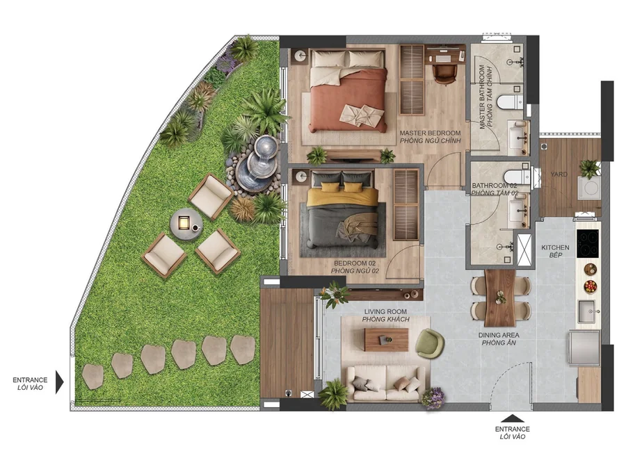 Layout căn hộ sân vườn 2 phòng ngủ B6.1c.PES Norton Park – sân vườn riêng 35,40 m²