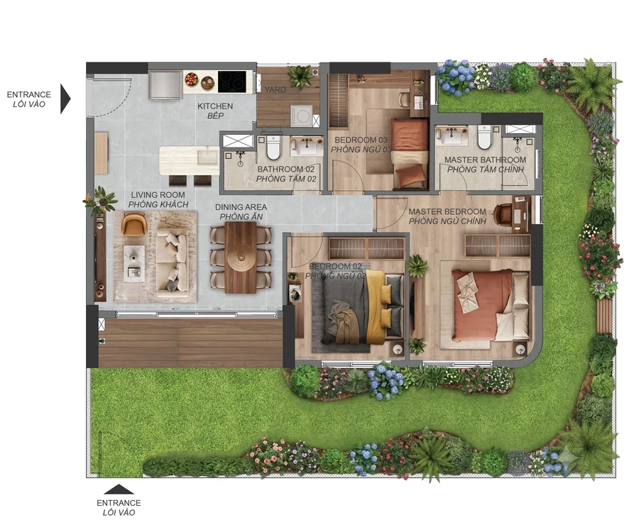 Layout căn hộ sân vườn 3 phòng ngủ C3.1c.PES Norton Park – sân vườn riêng 64,0 m²