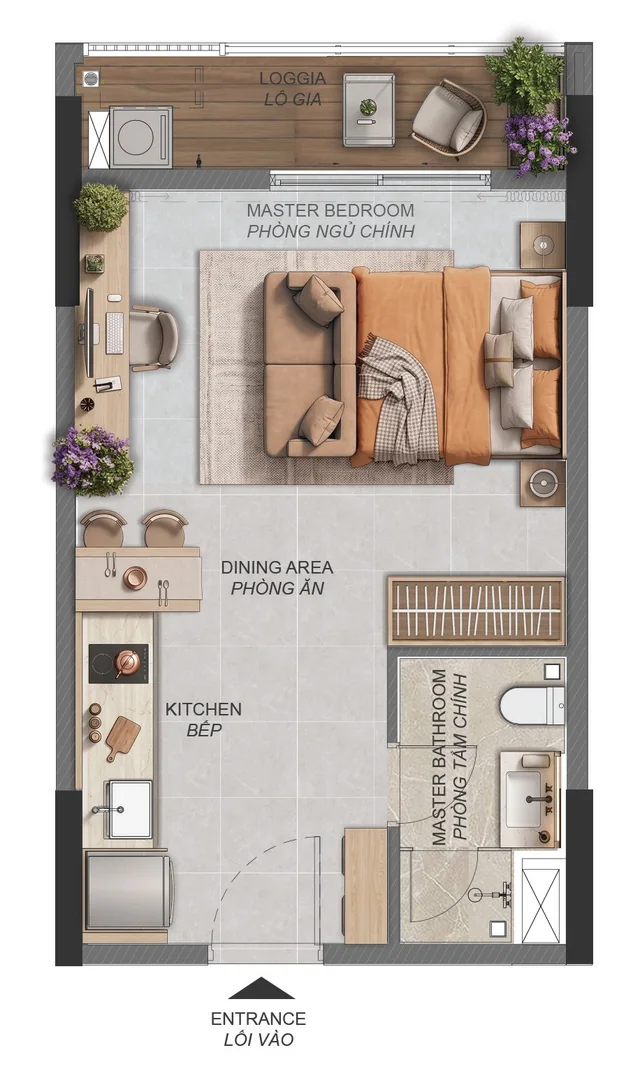 Layout căn hộ Studio ST1.1a Norton Park – 42,12 m² sàn, 38,13 m² sử dụng, tòa B2
