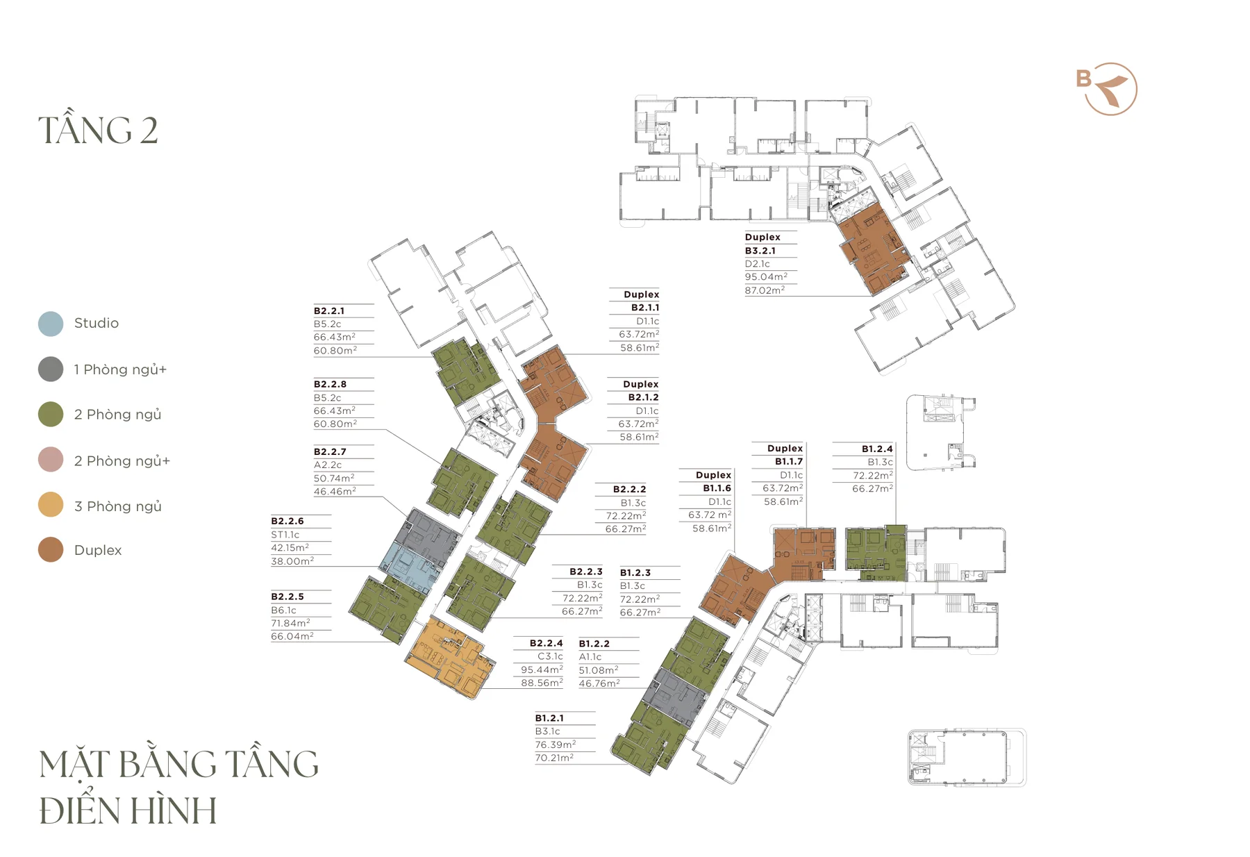 Mặt bằng tầng 2: căn hộ và duplex Phân khu B Norton Park, tòa B1, B2, B3