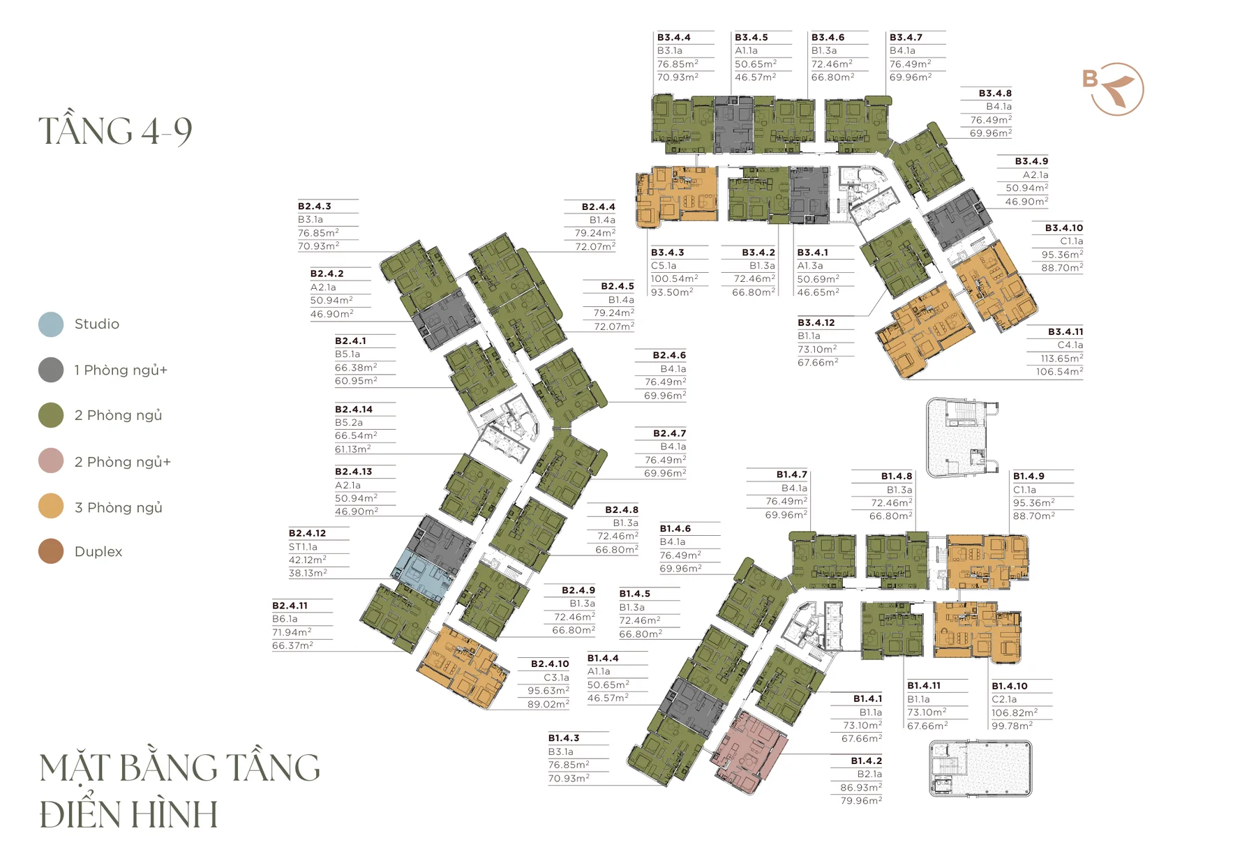 Mặt bằng tầng 4–9 Phân khu B Norton Park, tòa B1, B2, B3