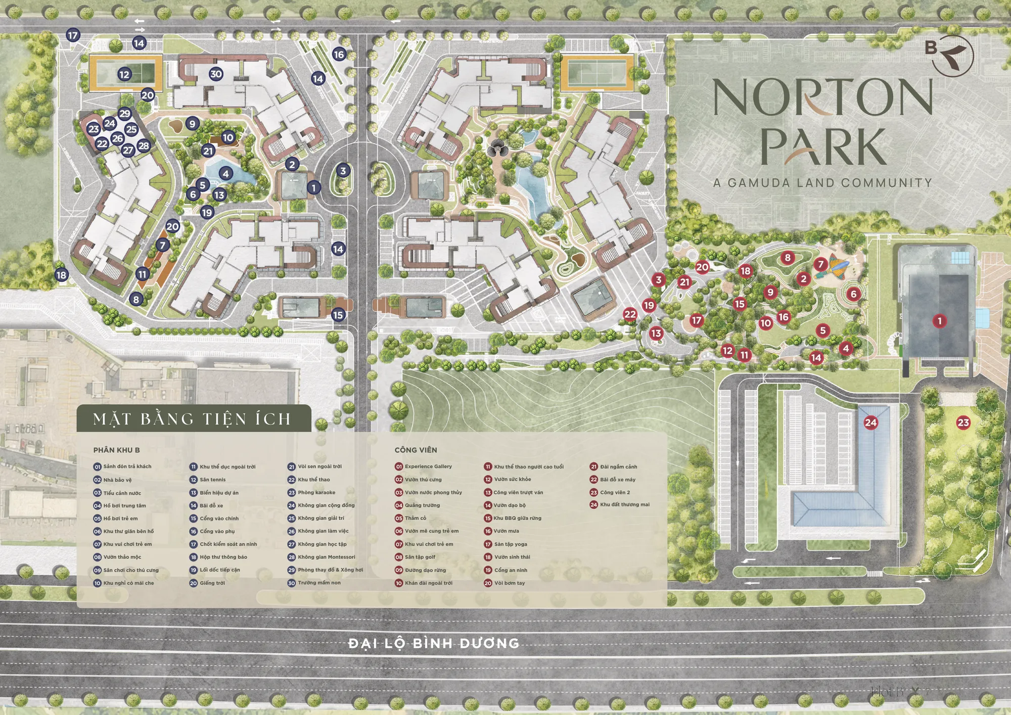 Mặt bằng tiện ích Norton Park: 30 tiện ích Phân khu B và 24 hạng mục công viên, đánh số theo chú thích