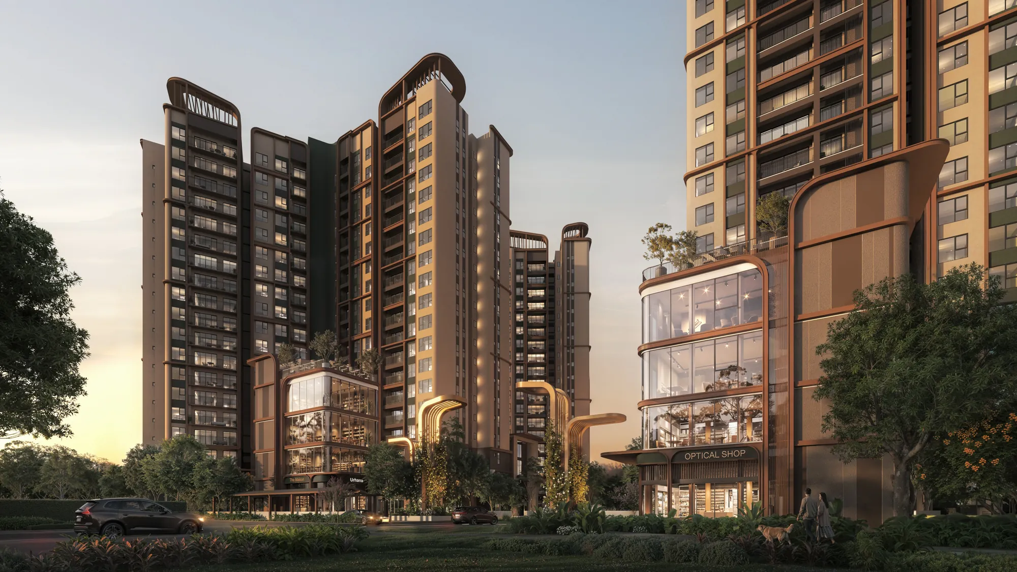 Phối cảnh Norton Park lúc hoàng hôn – cụm tháp căn hộ 19 tầng và khối thương mại khối đế