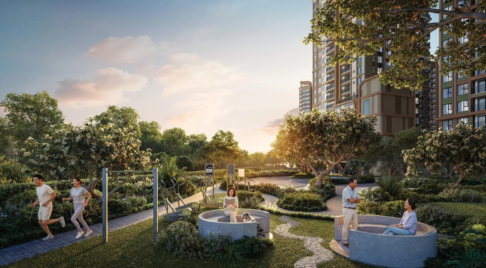 Vườn sức khỏe và đường chạy bộ trong công viên Norton Park lúc hoàng hôn