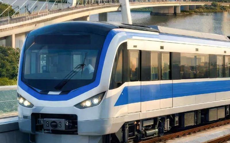 Tàu metro chạy trên cao cạnh cầu dây văng và các tòa nhà trung tâm TP.HCM, hình minh họa hạ tầng kết nối