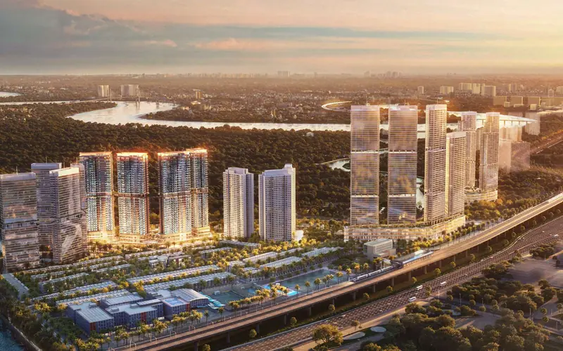 Phối cảnh Palm City lúc hoàng hôn: các tháp Palm River bên sông, ga metro và cao tốc phía trước, xa xa là trung tâm TP.HCM