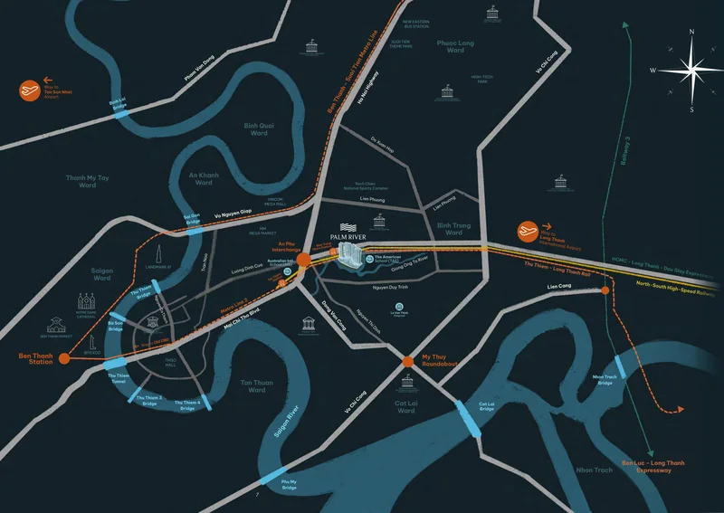 Bản đồ vị trí và kết nối Palm River: ga Bình Trưng, nút giao An Phú, cao tốc TP.HCM – Long Thành – Dầu Giây và các trung tâm quanh khu Đông