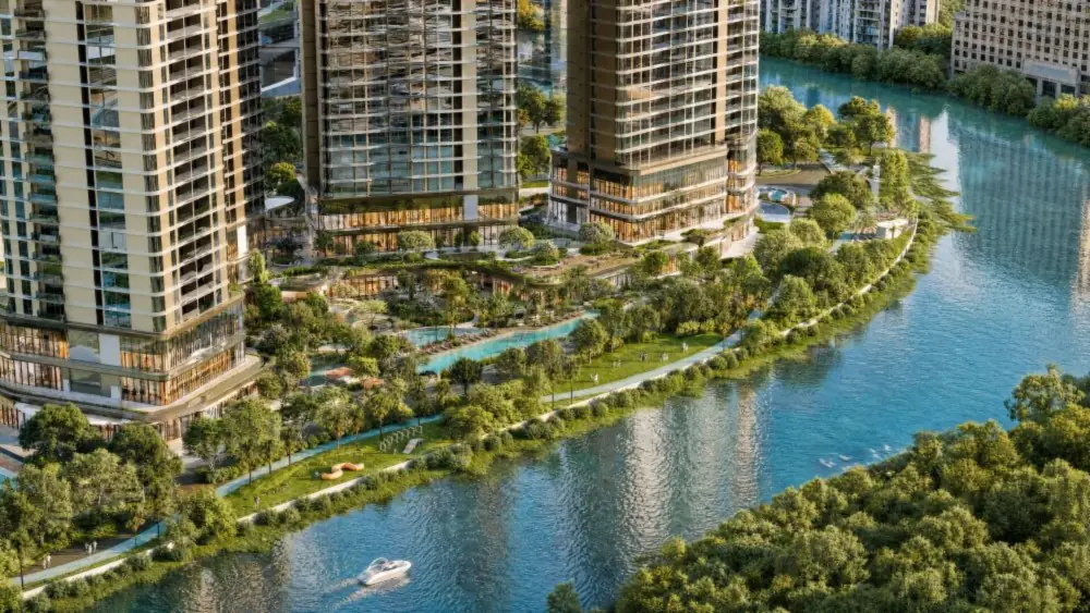 Chân tháp Palm River bên sông Giồng Ông Tố với công viên ven sông, lối dạo và bến thuyền