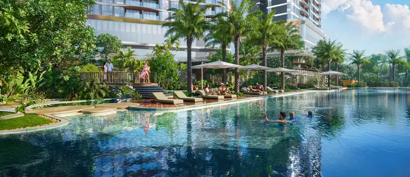 Hồ bơi dài 70 m giữa vườn nhiệt đới tại tầng 1 Palm River, nhìn thẳng ra mặt nước