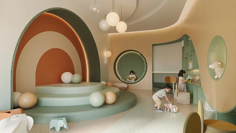 Kids Club trong nhà Palm River với vòm cầu vồng, bóng và kệ đồ chơi