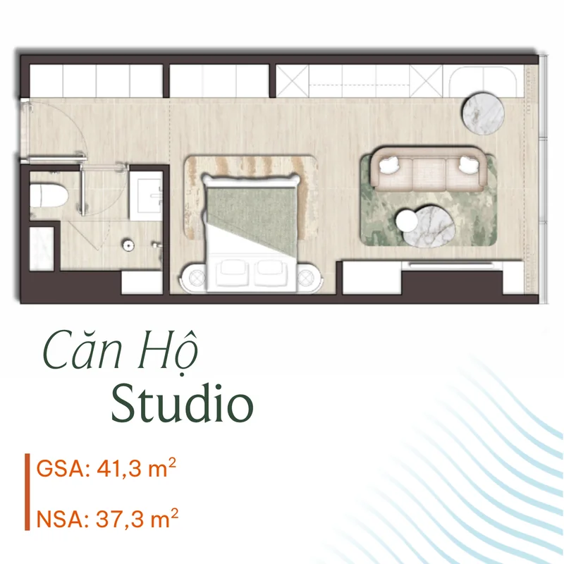 Layout căn Studio Palm River, GSA 41,3 m² · NSA 37,3 m²
