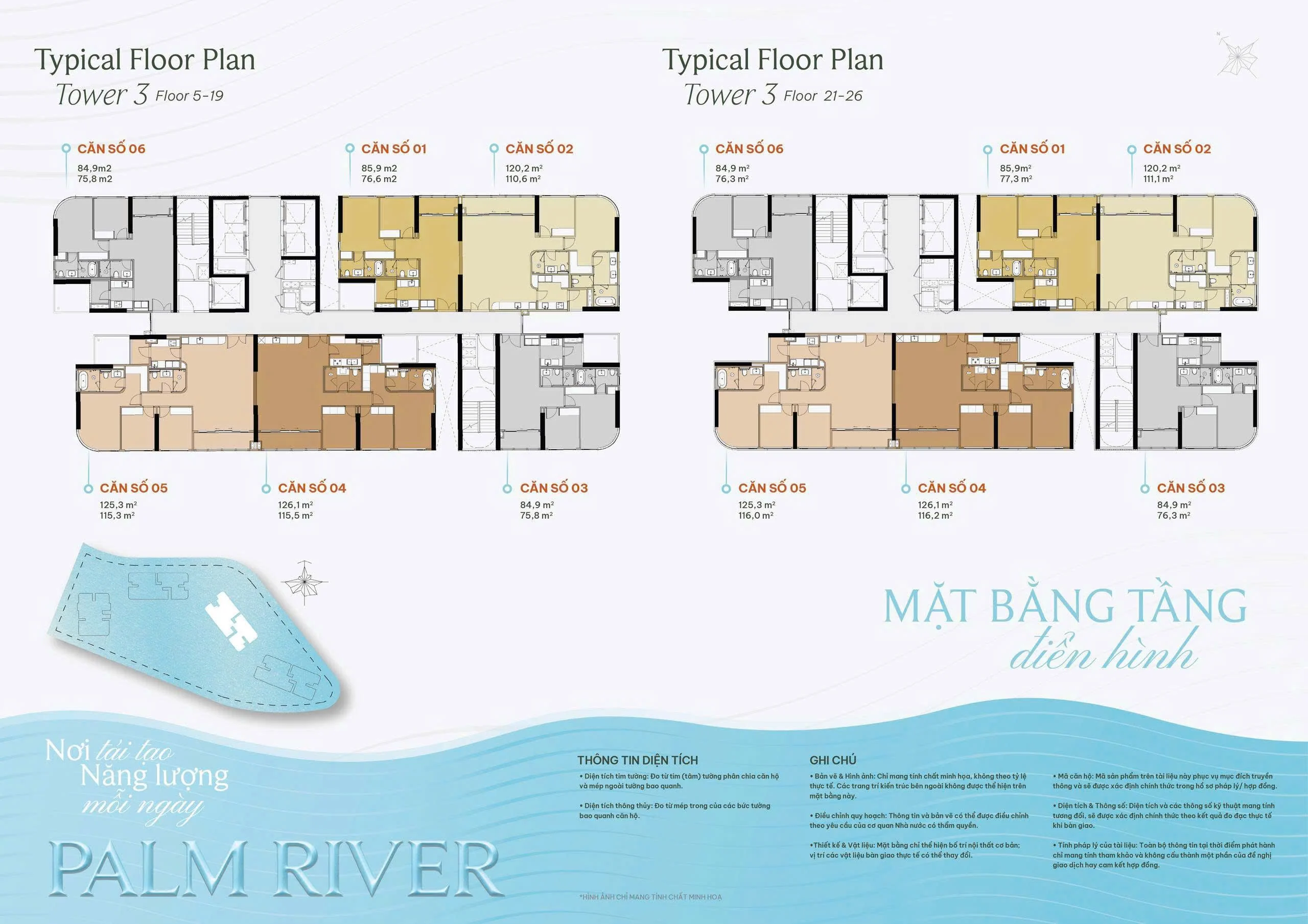 Mặt bằng tầng điển hình tháp T3 Palm River: tầng 5–19 và 21–26 với 6 căn 2 và 3 phòng ngủ mỗi sàn