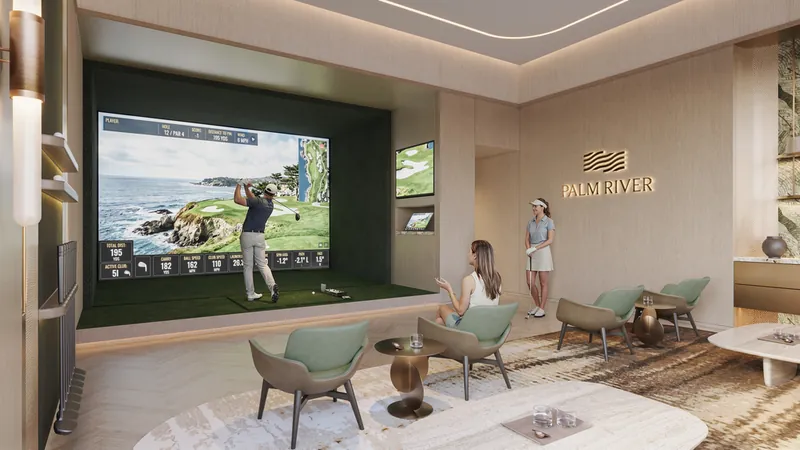Phòng golf mô phỏng Palm River với màn hình lớn và khu ghế chờ