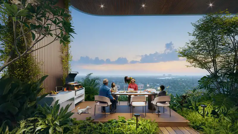 Sân nướng BBQ trên cao Palm River, bàn ăn gia đình nhìn ra sông lúc chiều
