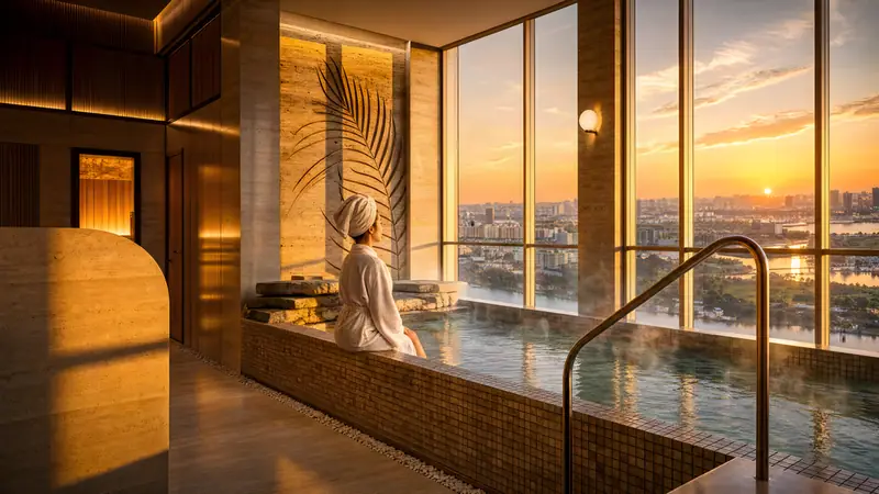 Sky Onsen tầng 20 Palm River: bể khoáng nóng bên vách kính nhìn hoàng hôn thành phố